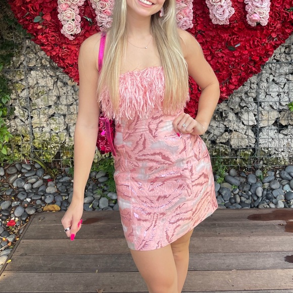 Anthropologie Strapless Feathered Metallic Mini Dress Pink Size XS - Picture 5 of 5